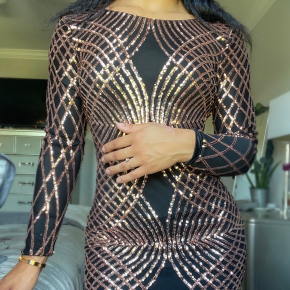 gold dress styles Rose Gold Sequin V-Neck Long Sleeve Bodycon Dress main image 1